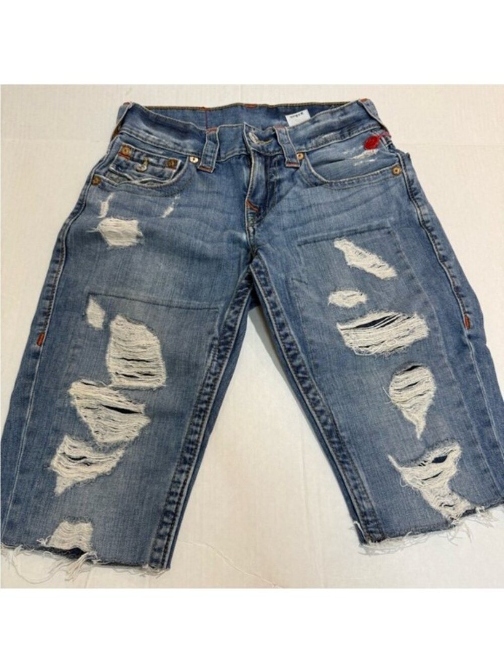 True Religion Cut Off Denim Shorts Women 27 Distressed Slim Flap Y2K *READ*